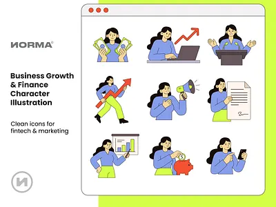 Business Growth & Finance Illustration Set bold line art business growth business illustration character design corporate lifestyle digital asset female entrepreneur finance icons fintech flat design landing page asset marketing illustration office activity professional woman saving money startup asset success concept vector illustration