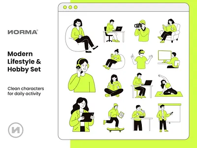 Modern Lifestyle & Hobby Set bold outline character illustration coworking creative characters daily activities digital nomad flat design hobby icons landing page asset lime green line art logo minimalist modern lifestyle motion graphics photography tech life ui wellness yoga