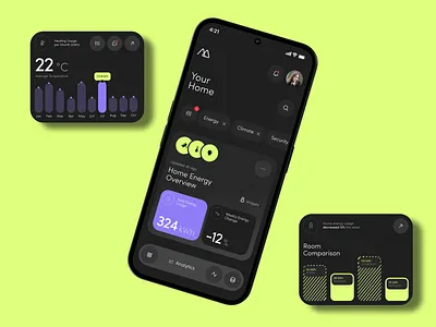 Smart Home Energy Dashboard — Dark UI with Neon Data Highlights app app concept dark ui dashboard dataviz design energy app graphic design illustration interface logo minimal mobile design neon accents orizondesign smart home ui ux widgets