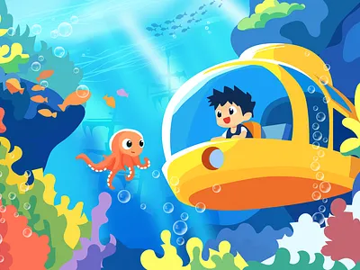 Underwater journey adventure bookcover children book coral discover fish flat illustration happy illustration kurzgesagt ocean science story submarine summer tale underwater