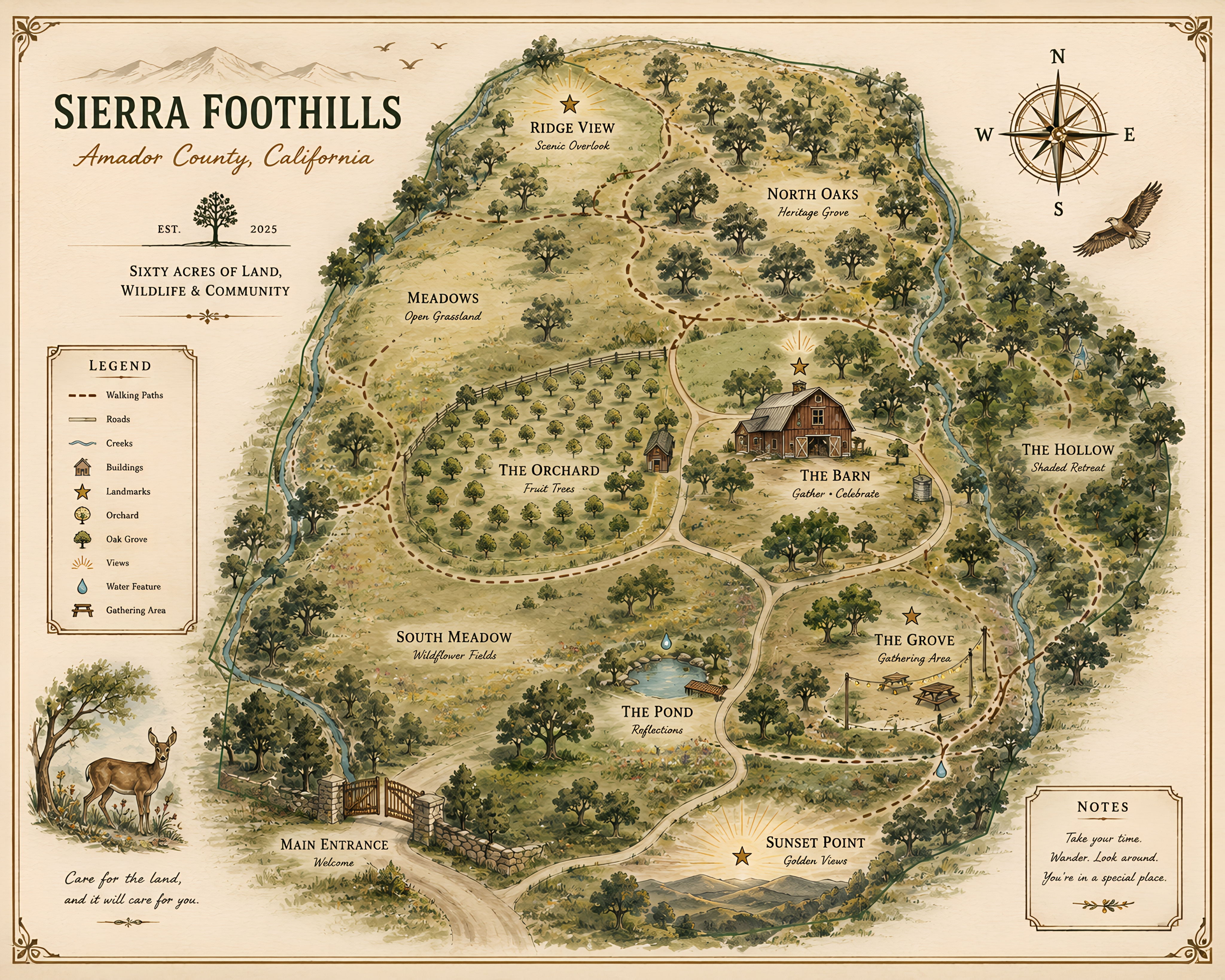 Vintage Sierra Foothills Property Map Illustration amador county cartography community branding deer illustration graphic design hand drawn map hawk illustration illustrated map illustration landscape illustration logo design map illustration nature illustration packaging merch property map rustic design sierra foothills vector map vintage branding vintage map