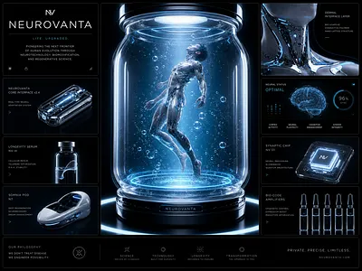 Biotech Identity: Neurovanta Human Augmentation Interface 3d biotech branding conceptual cyberpunk dark mode dashboard data visualization futuristic layout medical neurotechnology product design sci fi technology typography ui user interface ux web design