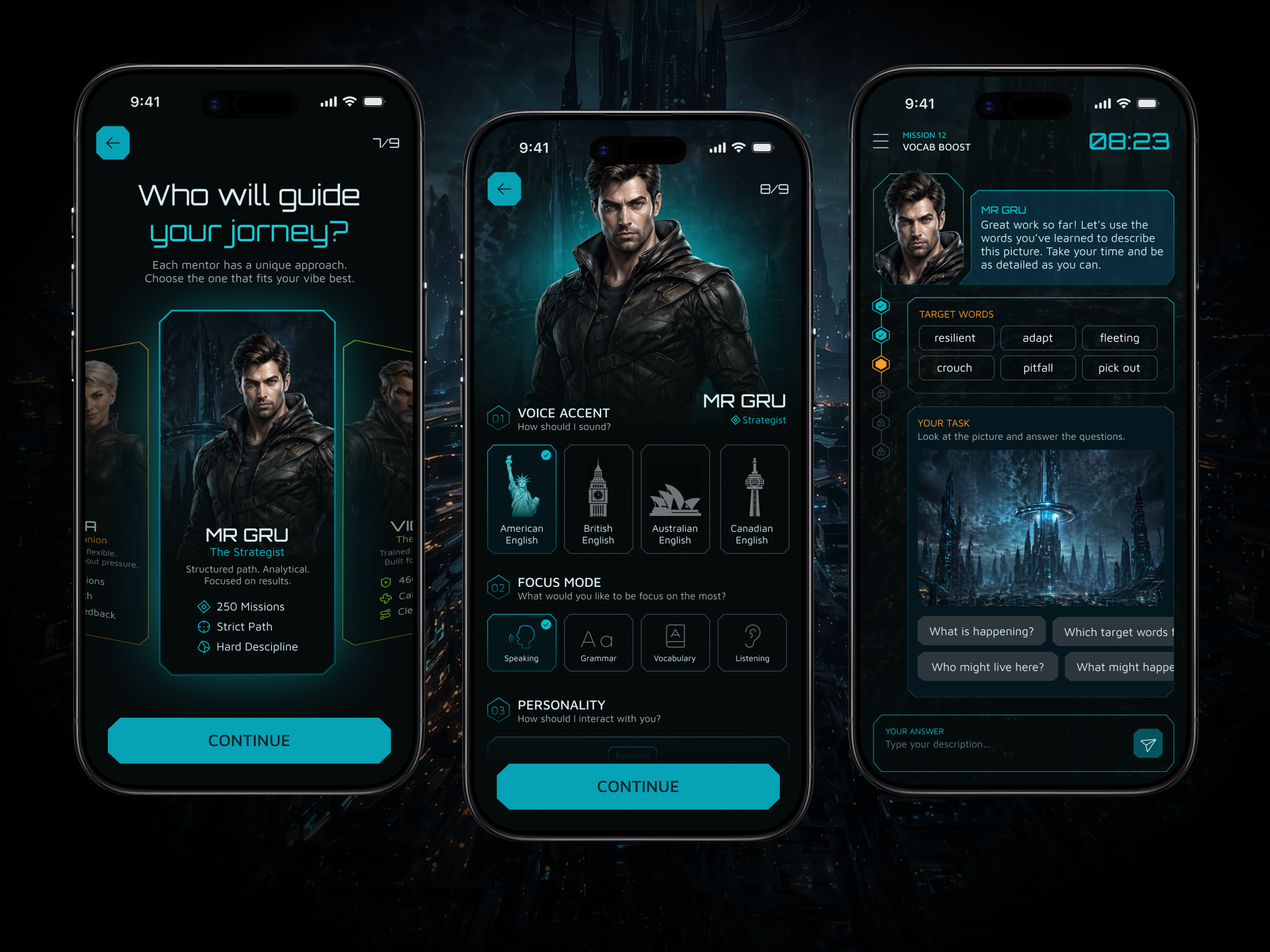 AI Language Learning Mobile App ai app design artificial intelligence dark theme dark ui edtech english learning gamification interaction design language learning learning app mobile app product design ui ux design
