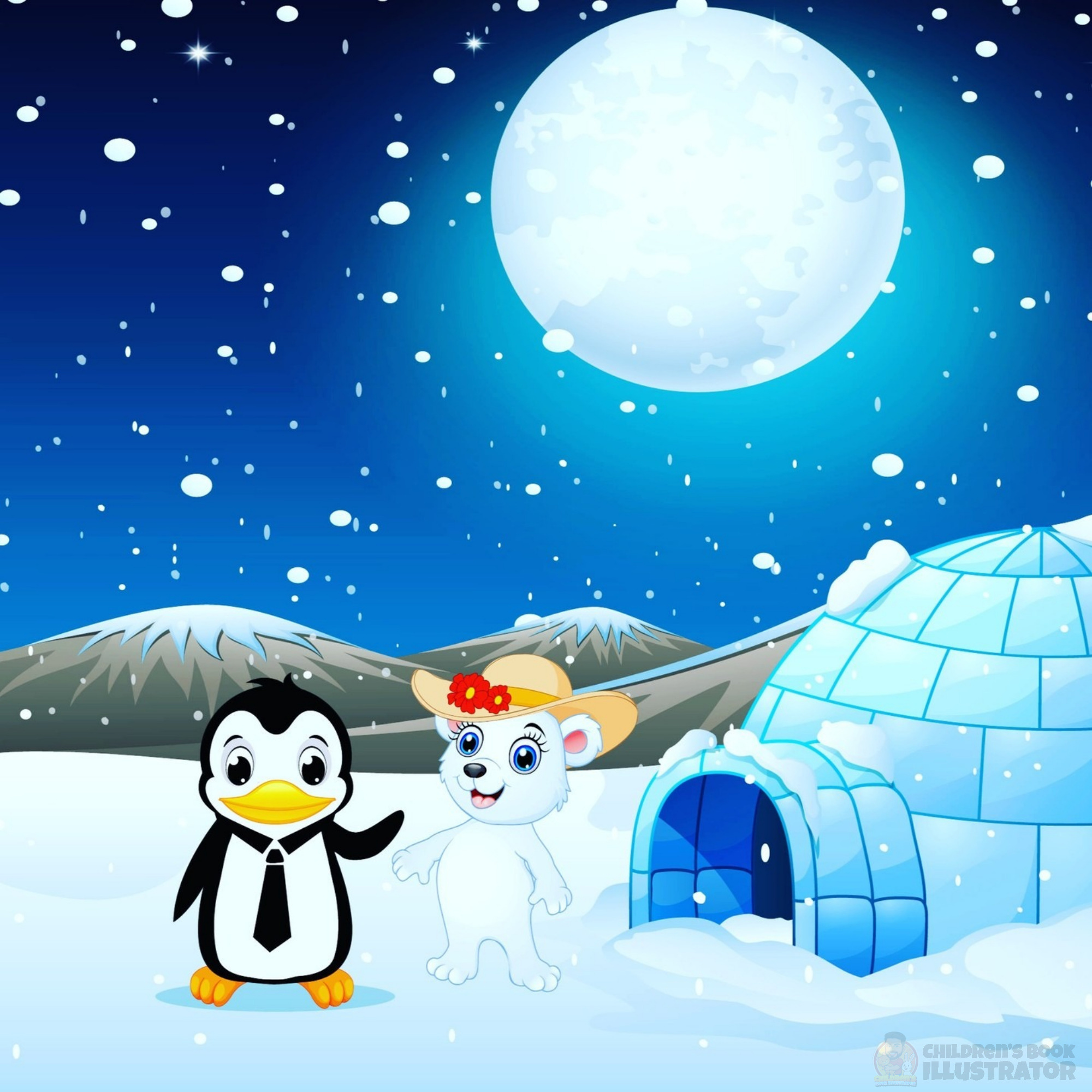 Arctic Friends Children's Book Illustration. animal characters arctic scene blue aesthetic character design children story childrens book illustration childrens publishing cute animals digital art igloo kidlitart moonlit night penguin art polar bear cub snow scene vector style whimsical illustration winter wonderland