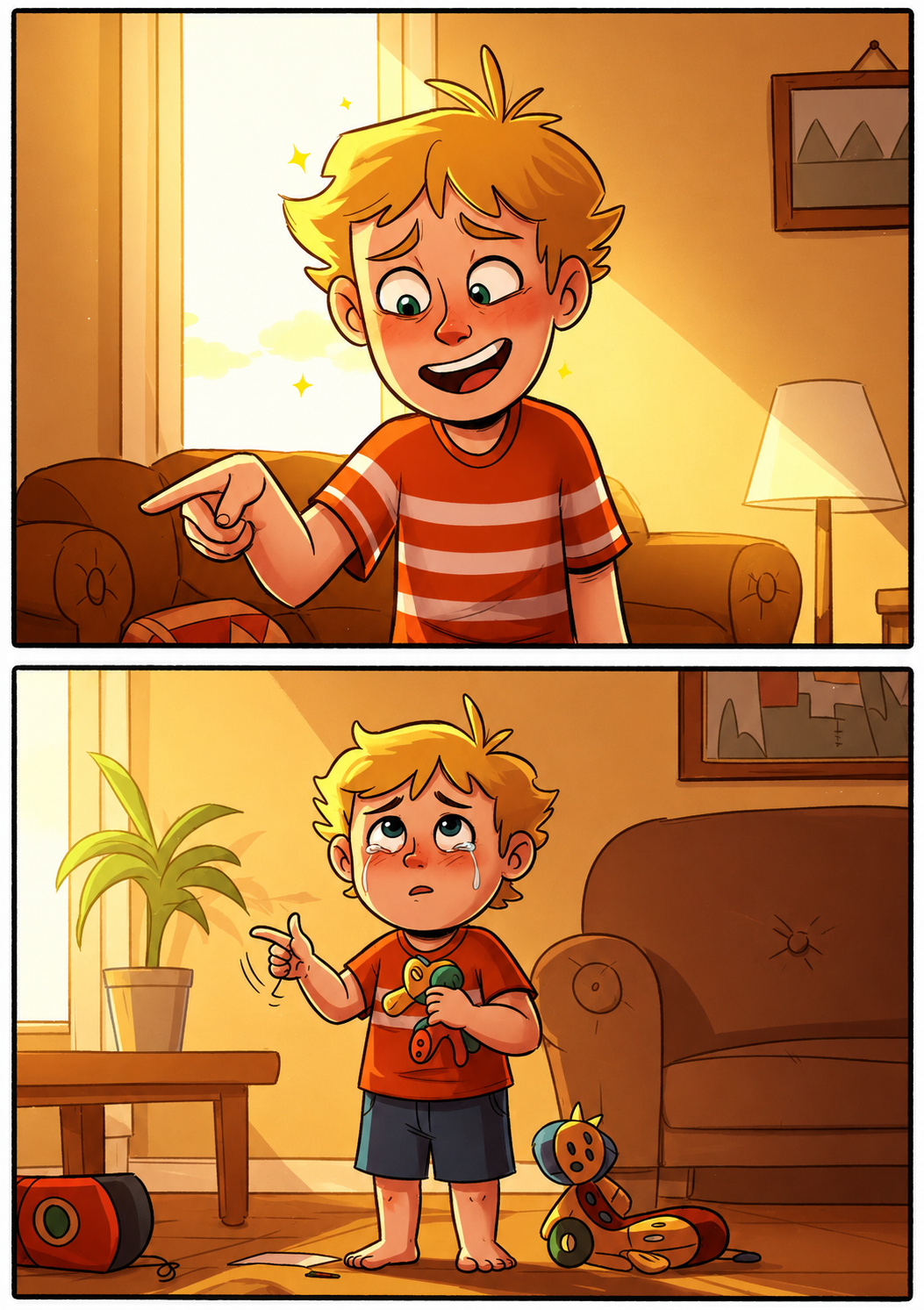 Crying younger brother in a living room. artistic storytelling character design childhood emotions children book illustrator digital character design emotional storytelling empathy in art expressive faces golden hour lighting home scene art kids book publishing nursery decor picture book art relatable characters sad child illustration storybook artist two panel comic vibrant colors visual narrative