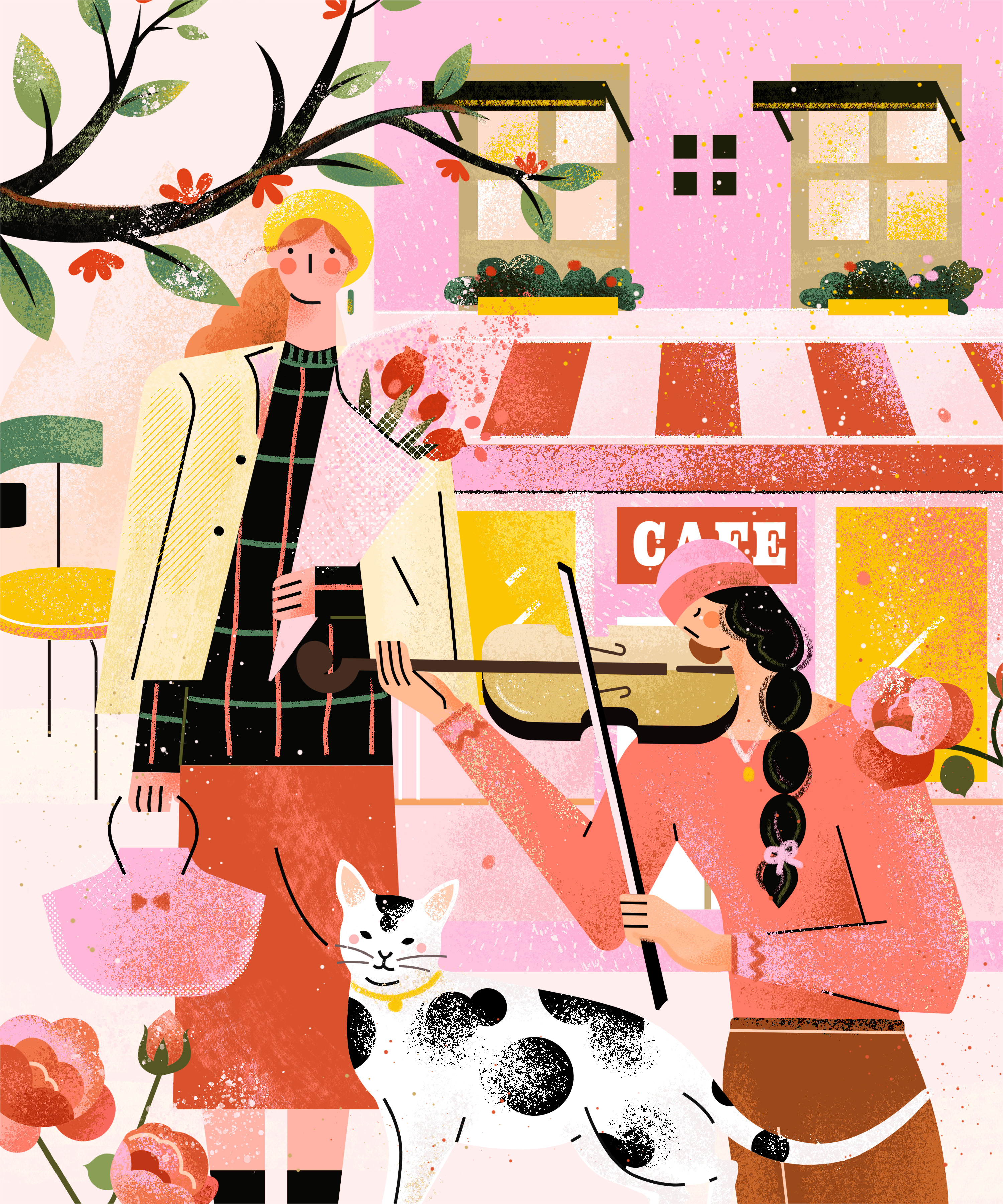 小园素 Xiaoyuan Su・Modern Scene — 街角的小提琴 branding cat illustration character design color theory daily life design editorial flat flat design graphic design illustration modern packaging design street scene texture vector visual identity xiaoyuansu