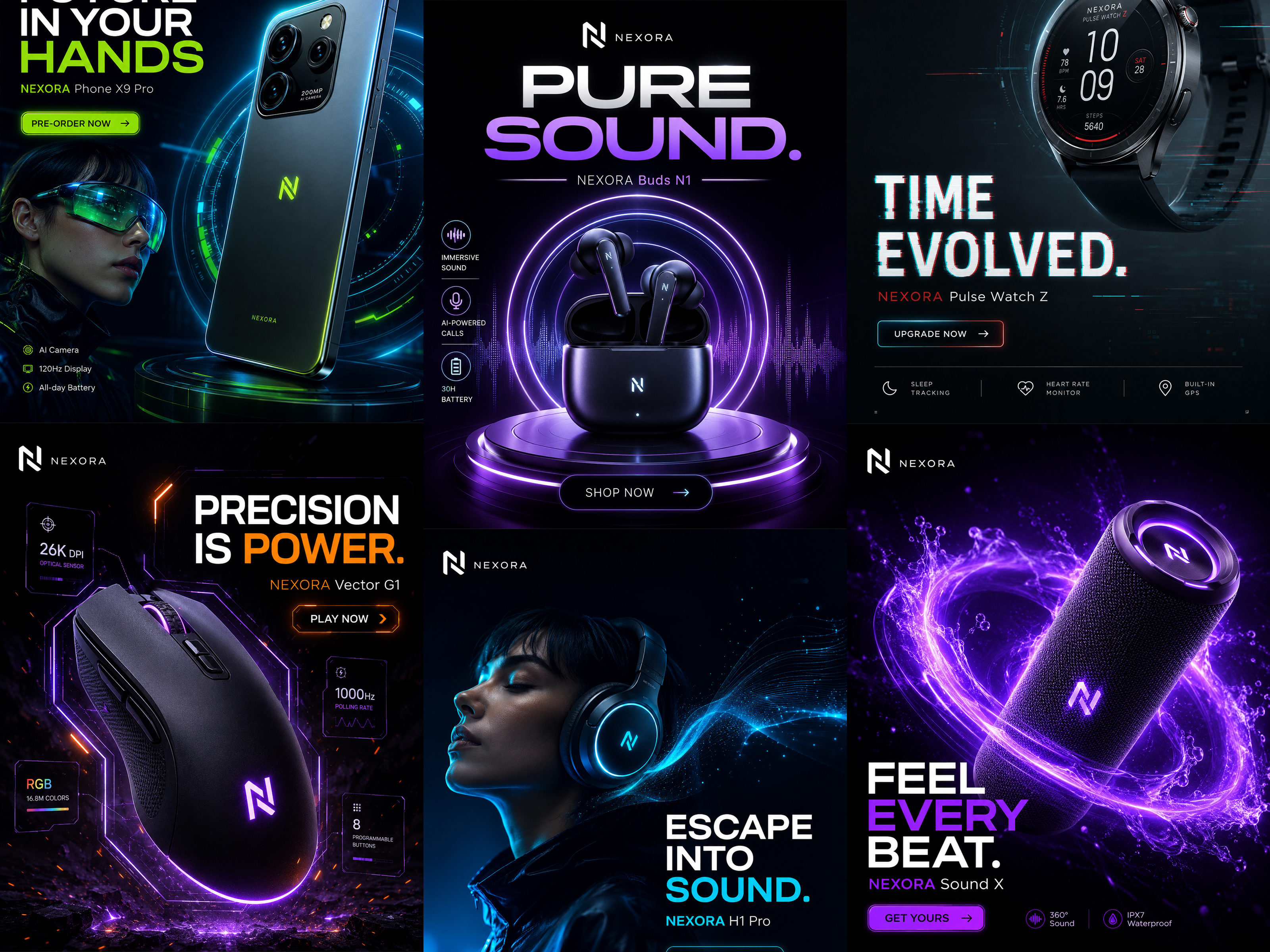 NEXORA — Dark Futuristic Tech Product Ad Designs brandidentity branding darkuidesign digitalmarketing graphic design productads productdesign techbranding uiadvertising