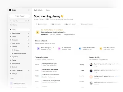 Zaga - Project Management Dashboard clean daily activity dashboard management minimalist notion product design project project management project manager resource saas schedule task manager team workspace timeline ui ui design ux workspace