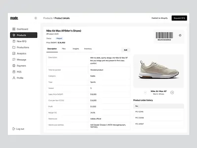 Made – Product Details Dashboard add to cart admin panel b2b design dashboard dashboard ui e commerce fashion inventory management minimal design online shopping online store product design product page retail saas shopping wavespace