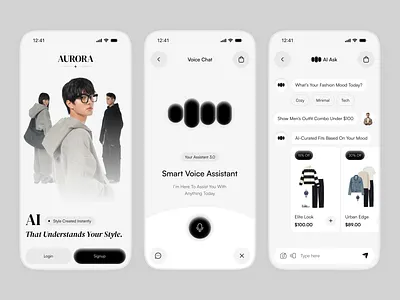 AI Fashion Agent App UI - Smart Shopping Experience agentic ai agi ai agent ai app ai assistant ai automation ai chat assistant ai ecommerce app ai fashion ai powered ax fashion app fashion assistant outfit app smart shopping ui trends virtual try on voice assistant