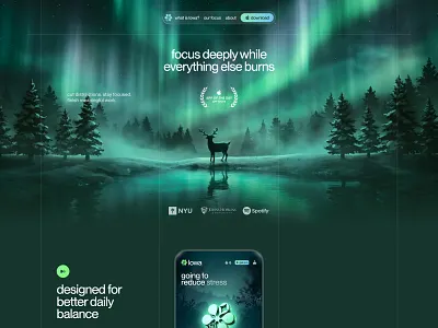 lowa focus webapp design 3d 3d logo ai anxiety app cloud focus app forest graphic design green illustration meditation modern website relax scenery illustration uiux unspace web3 webapp widget illustration