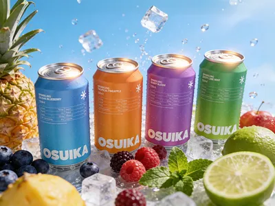 OSUIKA - Sparkling Water Packaging brand brand identity branding cansell soda clean design gradient graphic design label logo design packaging packaging design soda cans soft drink sparkling water visual identity