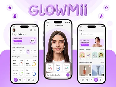 GlowMii – Modern AI Skincare Mobile UI Kit ai ai beauty app ai powered app aibeauty cosmetics ecommerce healthcare healthtech ui skin health skin treatment skincare uiux user interface wellness design