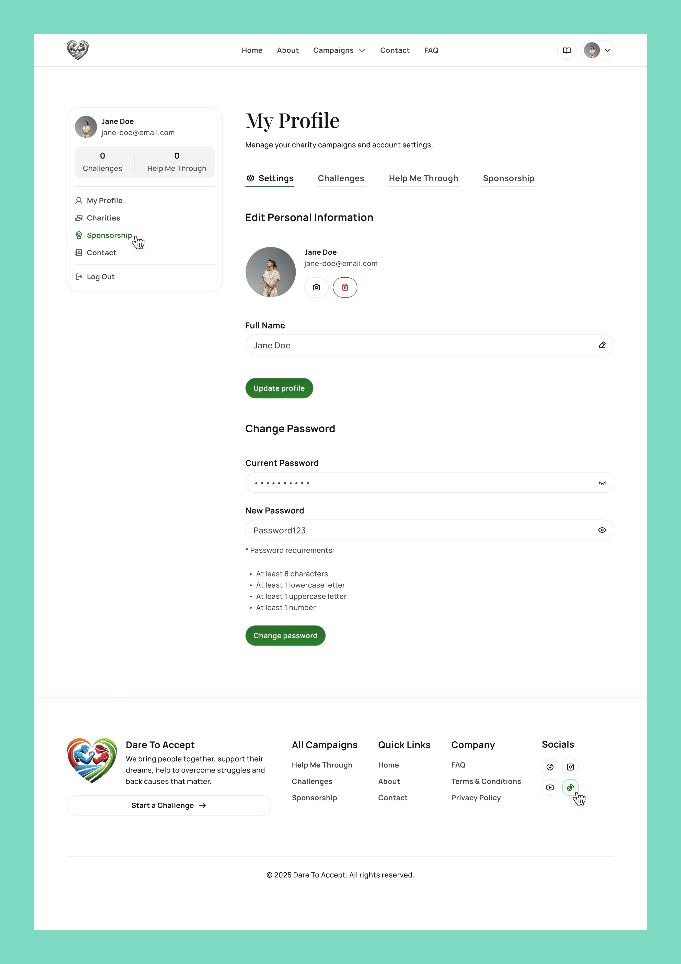 User profile page | Account setting | Nonprofit charity website accessebility account setting charity nonprofit volunteer cms design system design system kit dropdown figma form validation input component status navbar navigation password input prototype tabs ui copmonents user profile ux research web design wireframe