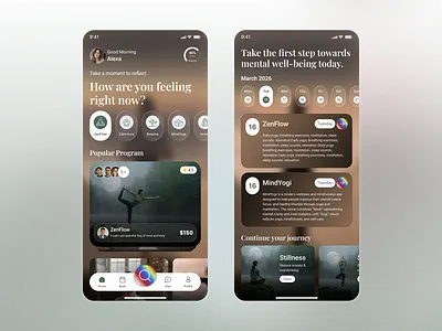 Wellness & Mindfulness Mobile App UI app concept chat app clean ui glassmorphism interaction design mental health mental model template mindfulness mindfulness healthcare minimal ui mobile app design modern ui mood tracker psychology app sleep stories ui design ux design wellness app