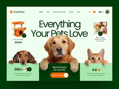 Pet Shop E-commerce Website UI Design design inspiration ecommerce home page interface interface design landing page modern ui online store pet shop pet store product design shop ui ui design ui ux ui ux design ux design web design web ui website design