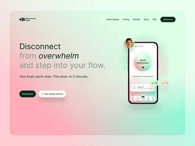 Disconnect Flow - landing page for personal Flow Mentor app animation app calm clean disconnect flow flow mentor hero landing page meditation peaceful personal relax stress ui webdesign