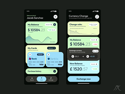 Banking App design app bank bank card banking charts currency design exchange finance graphs money transfer ui