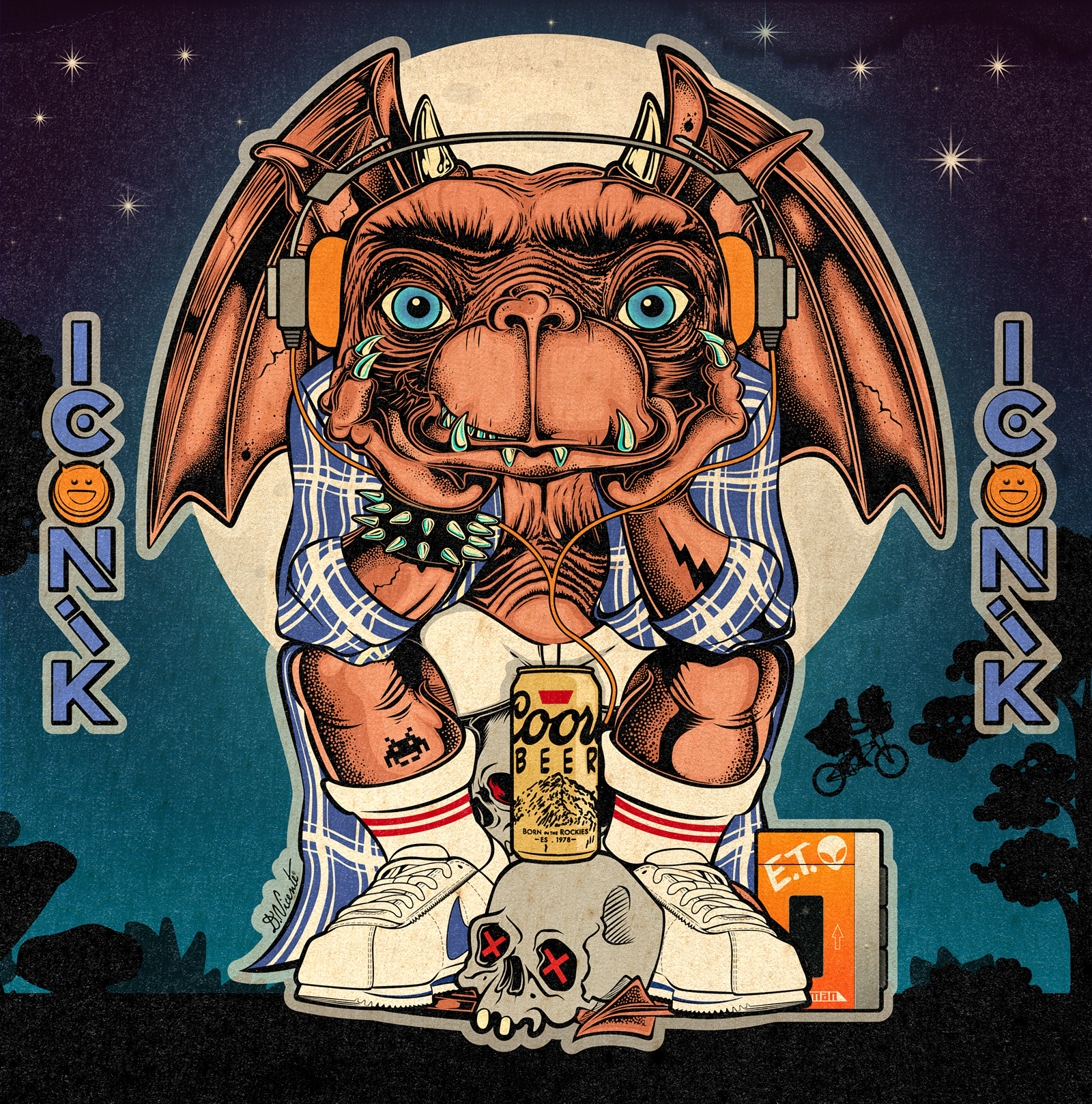TEEN GARGOYLE #22 – E.T. VIBES 80s movie vibes alien vibes cartoon monster character design creature design cult movie tribute david vicente digital illustration e.t. vibes lowbrow art moonlight art night scene nostalgic art pop culture art retro illustration sci fi art suburban fantasy teen gargoyle vintage texture weird creature