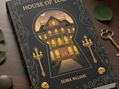 House of Locks – Illustrated Gothic Mystery & Fantasy Book Cove book cover design coz mystery graphic dark academia aesthetic digital asset marketplace dribbble design inspiration fantasy book cover gold filigree art gothic mystery graphic design hoodie design illustrated book art keyhole portal magical realism middle grade fiction mystery novel jacket novelist branding premium typography print on demand assets tote bag art victorian house illustration