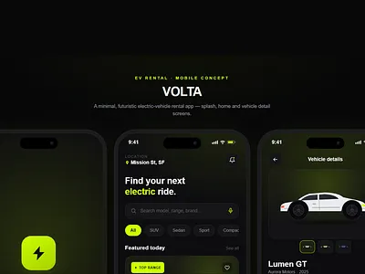 VOLTA — EV Rental Mobile App appdesign appui car carapp darktheme ev evapp mobileapp mobileappdesign ui uidesign uiux