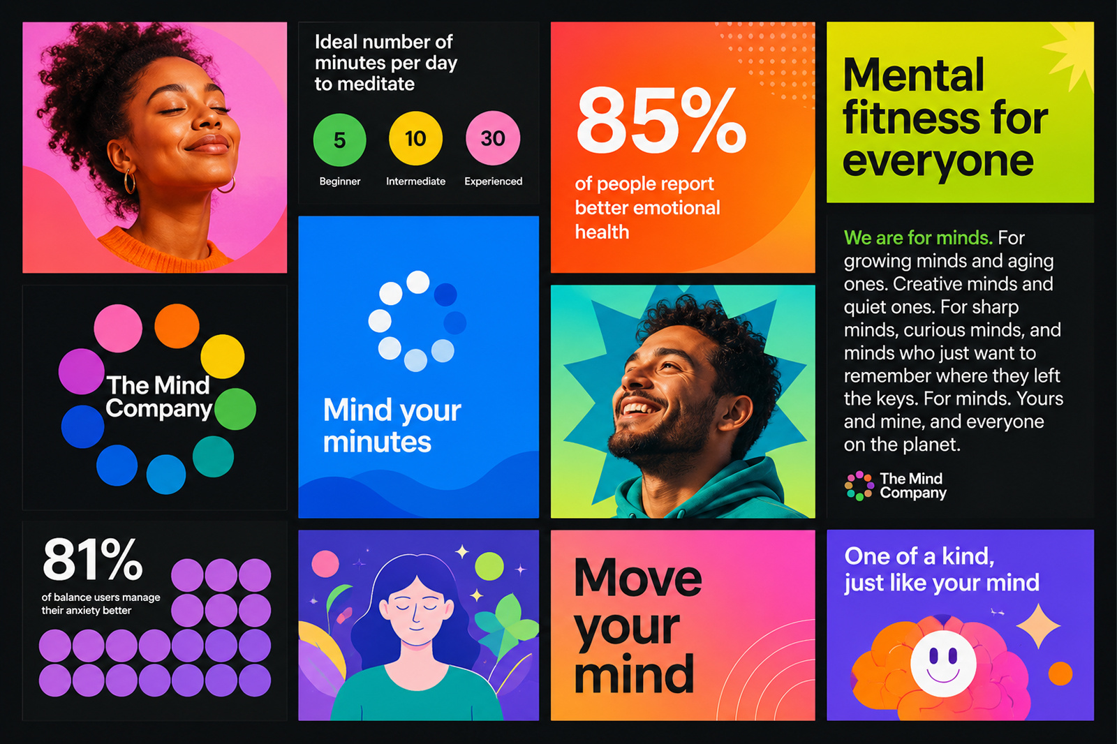 Mental Wellness Social Media Campaign ai brand identity colorful design creative branding creative layout digital branding emotional health graphic design meditation app mental fitness mental wellness mindfulness modern typography positive design self care social media design techtwipro ui inspiration visual storytelling wellness campaign