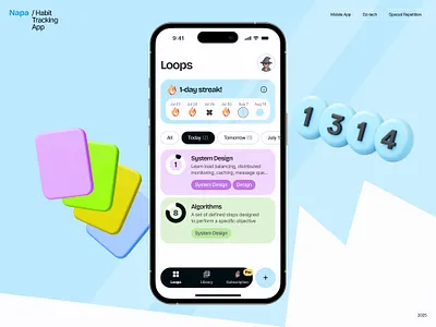 Loops, Levels & Subscriptions — Napa Habit Tracking Mobile App app design ed tech gamification habit tracker mobile app mobile ui app product design spaced repetition subscription ui ux design