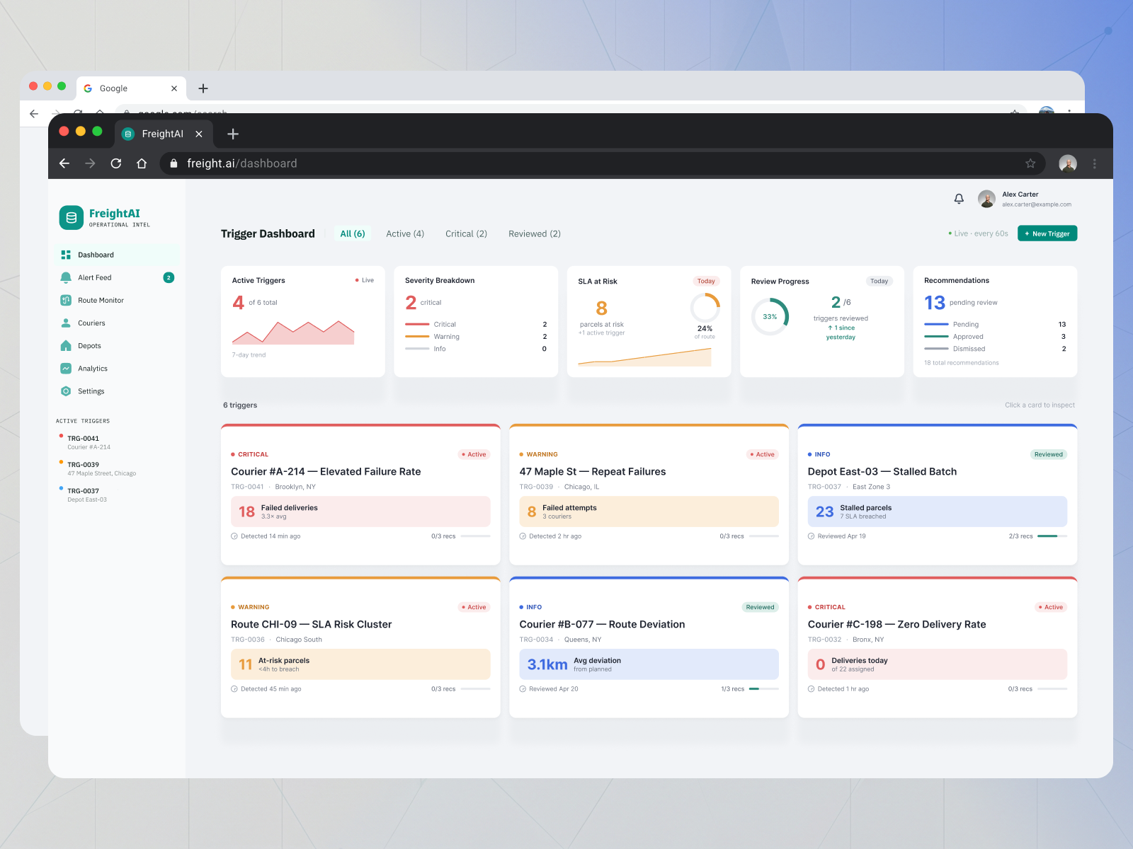 FreightAI — Anomaly Detection AI Dashboard for Logistics ai platform b2b dashboard data visualization design freight tech light ui logistics operational intelligence saas trigger monitoring ui ux