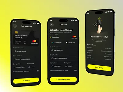 Checkout & Payment Flow – Mobile App UI app design app ui checkout flow checkout ui credit card dark ui digital wallet fintech fintech app mobile app mobile ui modern ui payment app payment flow payment success product design ui design uiux user interface ux design
