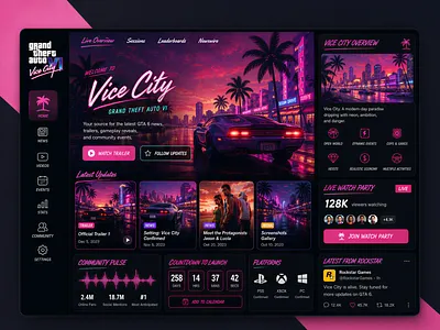 Grand Theft Auto 6 Dashboard dark u entertainment dashboard futuristic dashboard game ui design game ui ux gaming community dashboard gaming dashboard ui gaming interface gaming web design grand theft auto ui gta gta 6 dashboard gta fan art ui modern game ui neon ui design retro gaming ui ui uiux vice city aesthetic vice city dashboard
