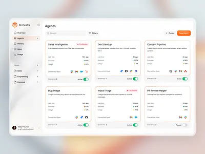 AI Agent Management Dashboard UI admin panel ai ai agents ai dashboard analytics automation crm dashboard dashboard ui management dashboard minimal ui product design saas saas design startup uiux web app web app design workflow