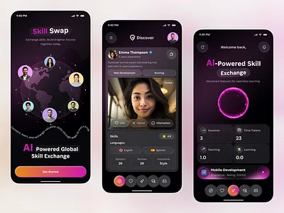 Skill Swap Mobile App Design — AI Learning Platform Redesign ai app ai matching ai networking app app app redesign community app design education app glassmorphism learning app mentorship app networking app skill exchange skill sharing app skill swap skill swap app social app ui web