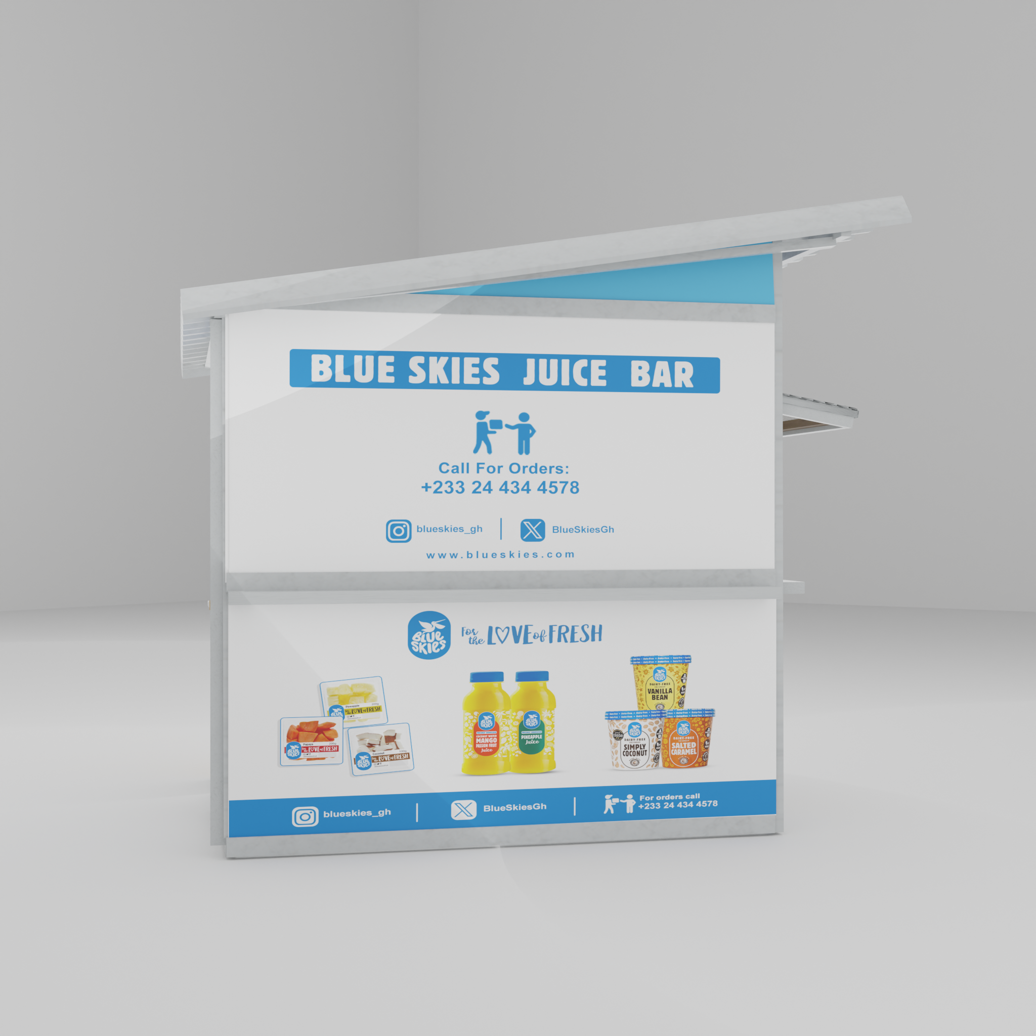 Blue Skies Juice Bar - Kiosk Branding 3d branding graphic design logo motion graphics ui