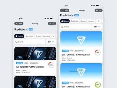 Tonomy | Telegram Mini App (TMA) Crypto Predictions app b2c clean ui crypto dashboard crypto ui fintech mobile flow mini app mobile app ondoarding saas saas mobile ui telegram mini app tma ton ecosystem tonomy ui user flow ux web3 design