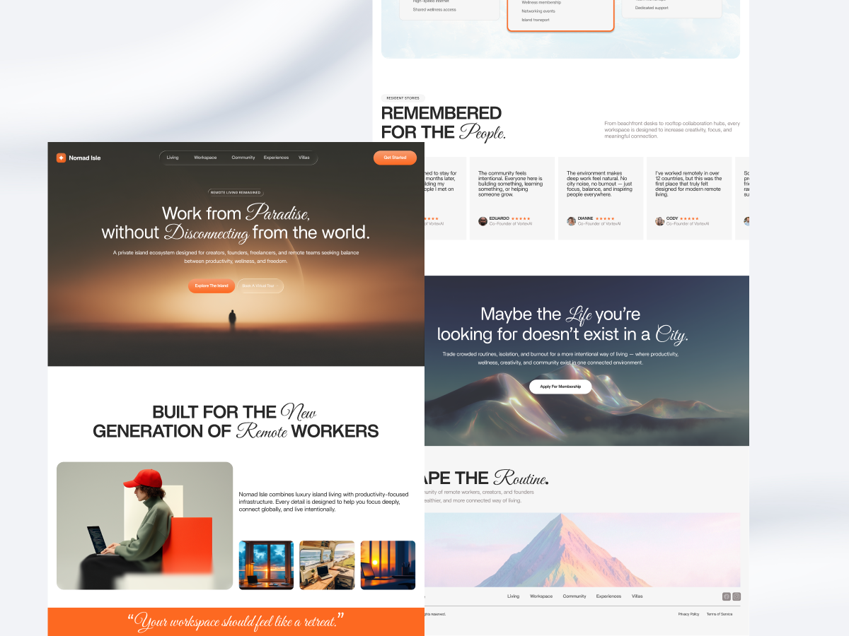 Nomad Isle — Remote Living Landing Page digitalnomad editorialdesign landingpage minimaldesign popular ui trending trending ui ui uidesign uxdesign webdesign websiteinspiration