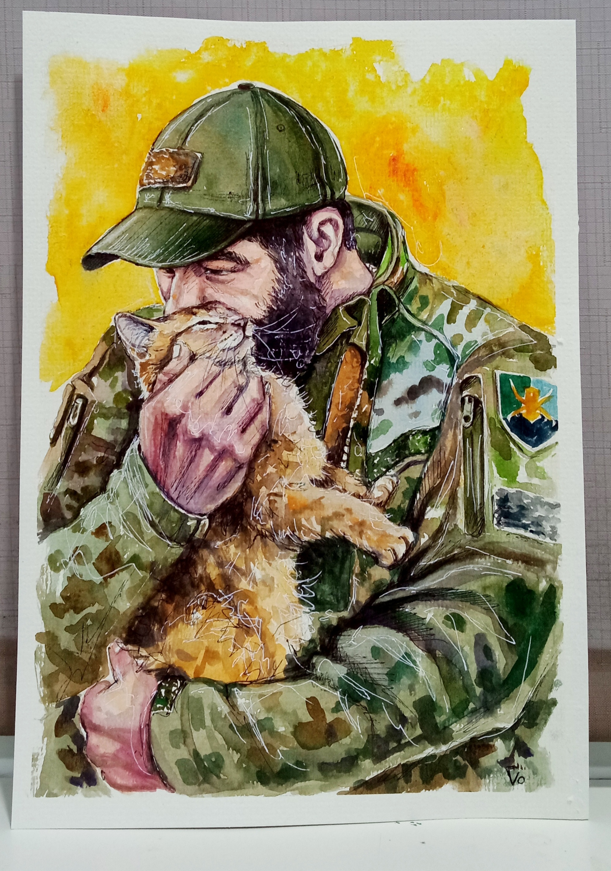 Original Ukrainian War Art Painting – Soldier Holding Cat art cat hand painted handmade paint painting ukraine war