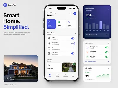 Smart Home Dashboard Landing Page air quality app design card layout clean ui control panel dashboard device control energy dashboard home automation interface design ios app landing page minimal mobile app product design security dashboard smart home typography ui design ux design