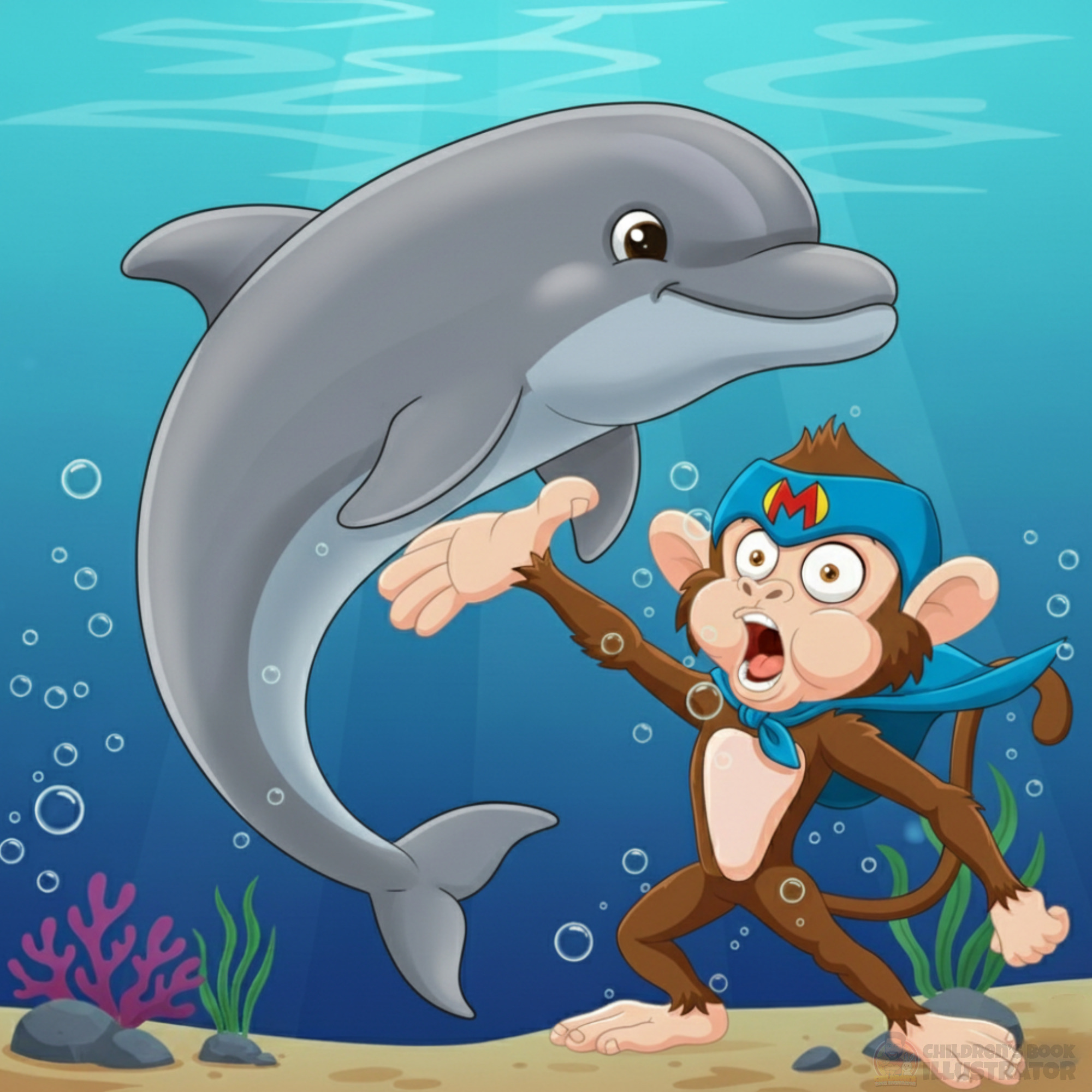 Deep Sea Shenanigans Underwater Character Illustration animal characters cartoon art character design childrens book illustration childrens publishing creative storytelling digital art dolphin funny illustration kidlitart marine life ocean life picture book illustration storybook superhero monkey underwater art vector style whimsical art