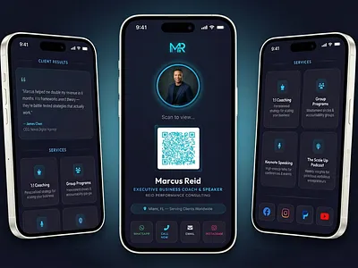 Interactive Digital Business Card — Clickable QR Code App UI app design business card design clickable card coach app consultant branding contact card dark mode ui dark ui digital business card freelance designer interactive qr code link in bio alternative mobile ui no hosting one time payment personal branding product design qr code design speaker branding ui design