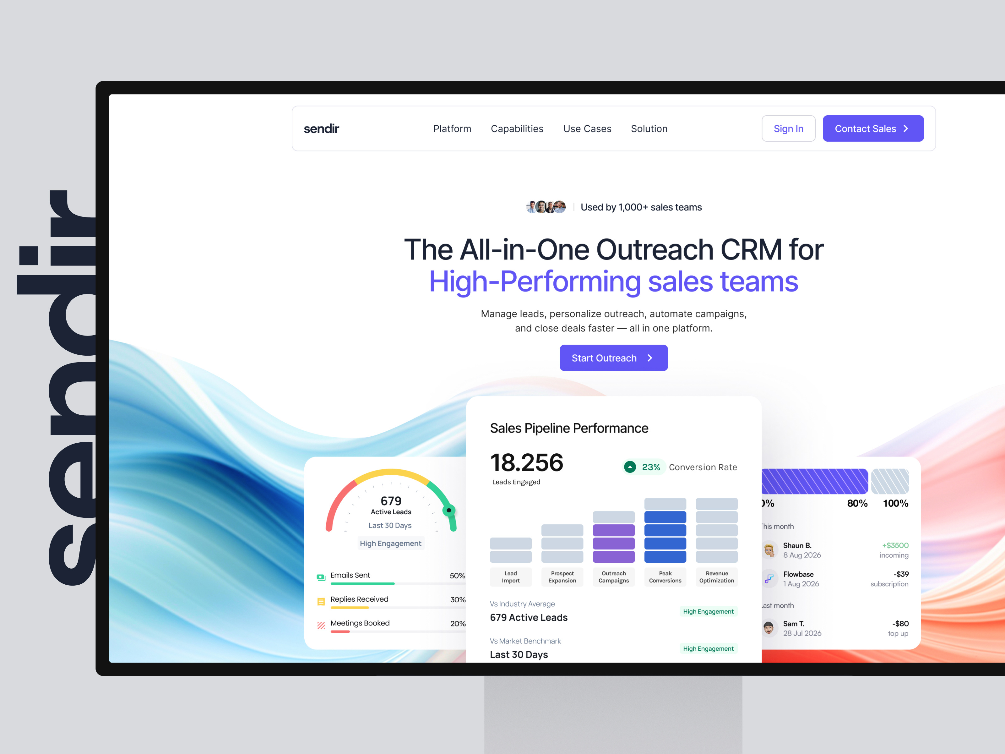 Sendir — CRM & Sales Automation SaaS Landing Page ai analytics automation crm dashboard elementor framer gradient landing page performance platform report saas sales ui webflow website wordpress