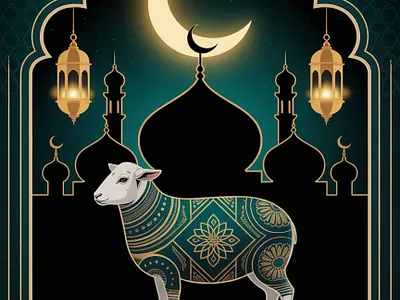 Modern Eid al-Adha vector design featuring mosque, crescent, lan and sheep elements. crescent dribbble eid al adha eidmubarak eiduladha graphic design illustration islamicdesign lanterns vectorart