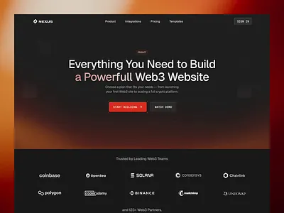 Nexus - Web3 - Product Page blockchain ui conversion design dapp design dark theme dark ui defi design design grid layout llmui nft design nft platform product page ui uidesign uiux ux uxdesign warm gradient web3 design web3 website