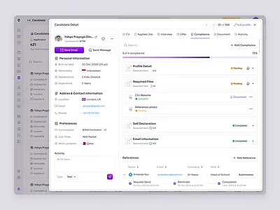 RecruitSmart — Compliance in Candidate Details (School HRM) candidate compliance dashboard education employee management hiring hr hr platform hr system hrd hrm human resources job product design saas saas design ui ux web app web design