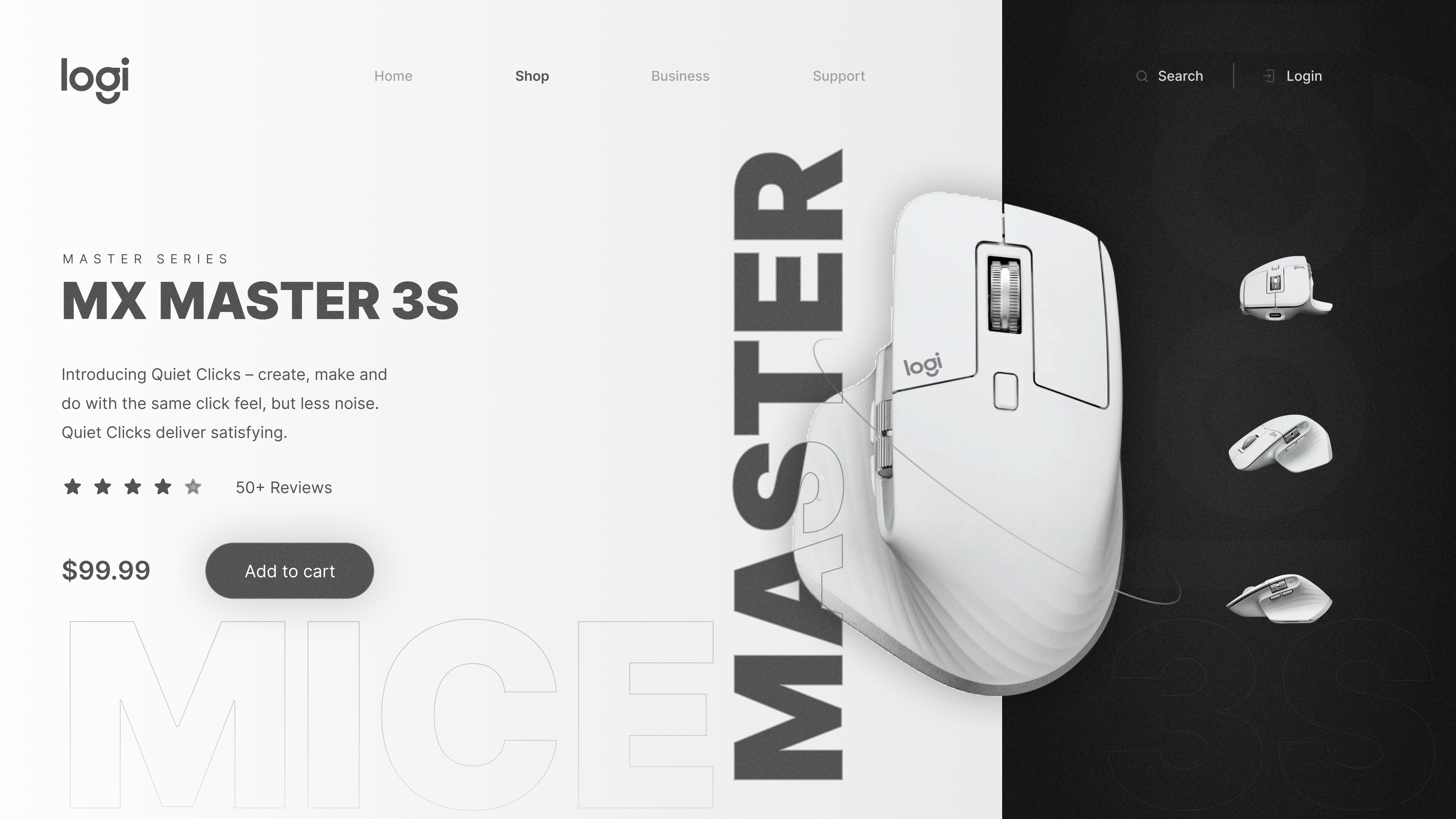 Logitech Web Redesign | Full Black - Full White - Black & white 3d animation black black white branding design full black graphic design illustration illustrator logitech master motion graphics mouse technology ui ui ux ux vector white