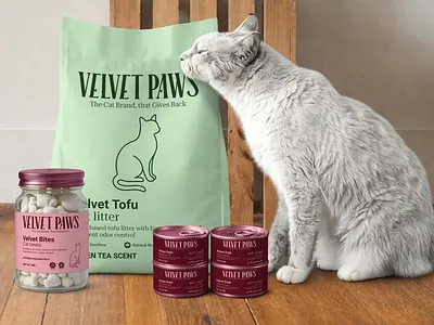 Velvet Paws | Logo and Packaging design box brand design brand identity branding can cat food graphic design jar label litter logo packaging packaging design paws pets pouch qatar treats