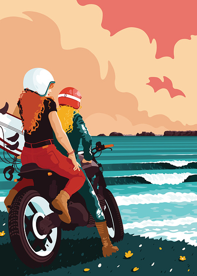 Walkyries adventure beach bike flat girl illustration moto motorbike rider sea surf surfing vector wave woman women