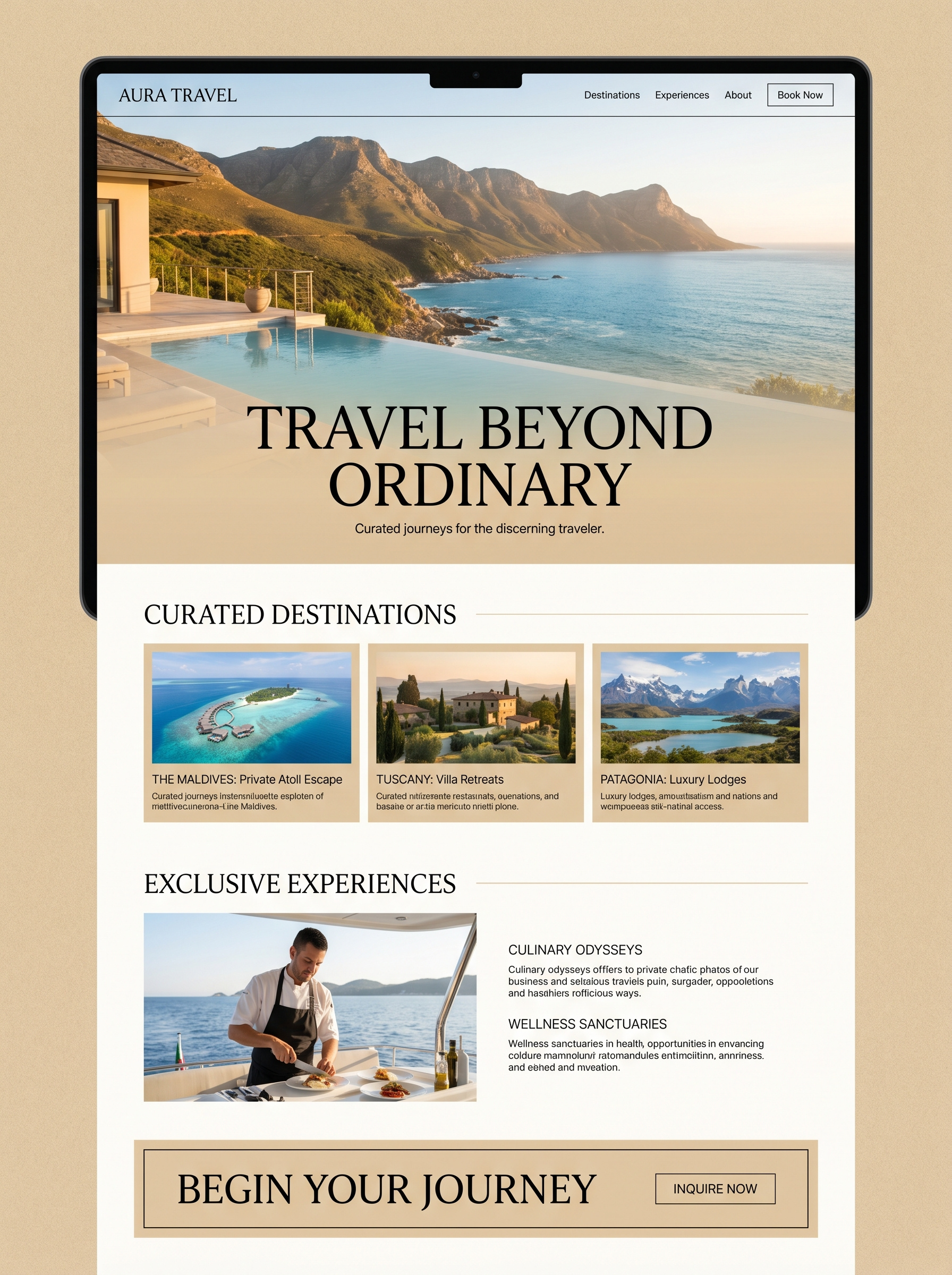 High-End Travel Agency Landing Page creativedesign dribbble editorialdesign figma landingpage luxurydesign minimaldesign travelwebsite uiux uxdesign webdesign