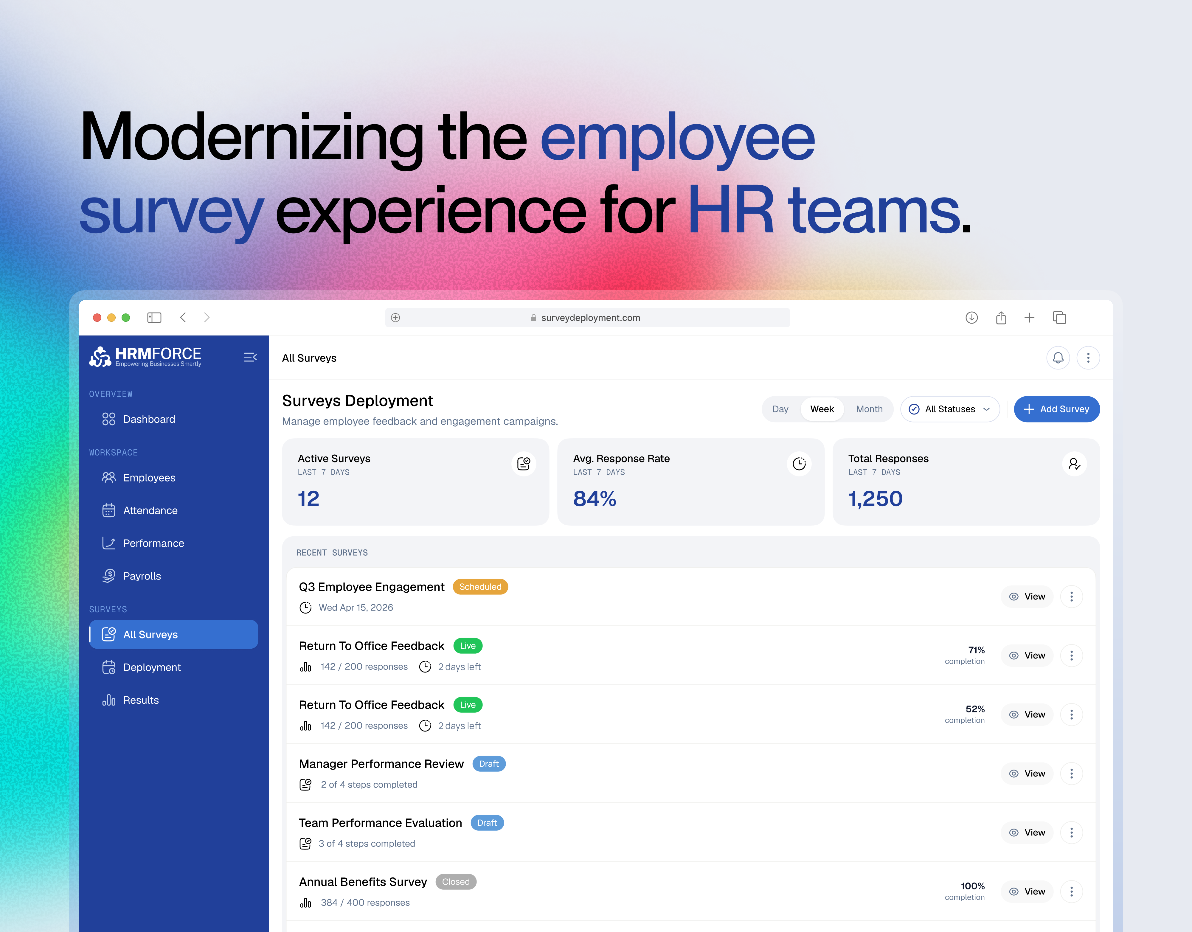 Employees Survey Experience - HR Dashboard Design employee dashboard employee engagement employee survey enterprise product design hr dashboard hr software design hr tech hr workflow interaction design minimal ui design modern dashboard design modern hr software product design prototyping responsive dashboard saas survey dashboard survey management system uxui design web app design
