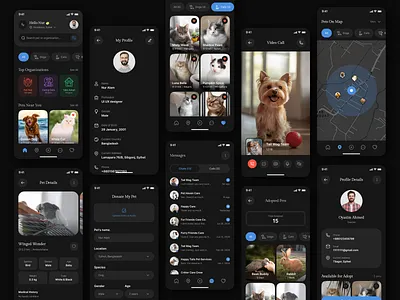 Pet Adoption Mobile App adoption app animal shelter app design clean design dark ui dribbble figma ios app mobile app mobile ui modern ui pet adoption pet app pet care product design ui design ui inspiration uiux user interface ux design