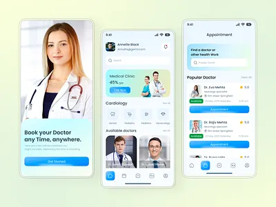 Healthcare Booking App – Doctor Finder UI app design app ui appointment app clean ui consultation app doctor app doctor booking health ui healthcare app healthcare ui medical app mobile app mobile ui modern ui product design telemedicine ui design uiux user interface ux design